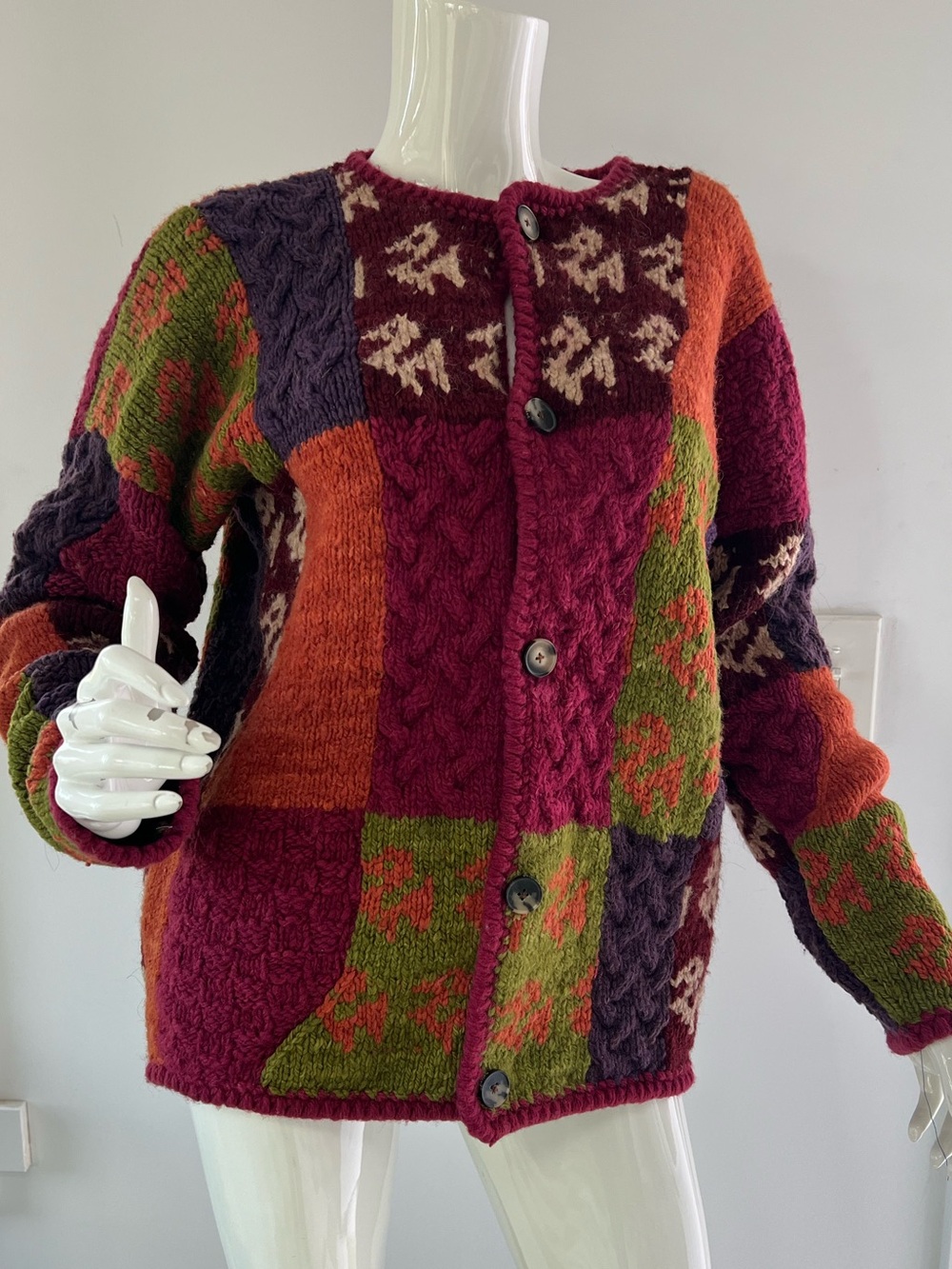 Chunky Patchwork Button-Up Cardigan  Sweater 100% Wool